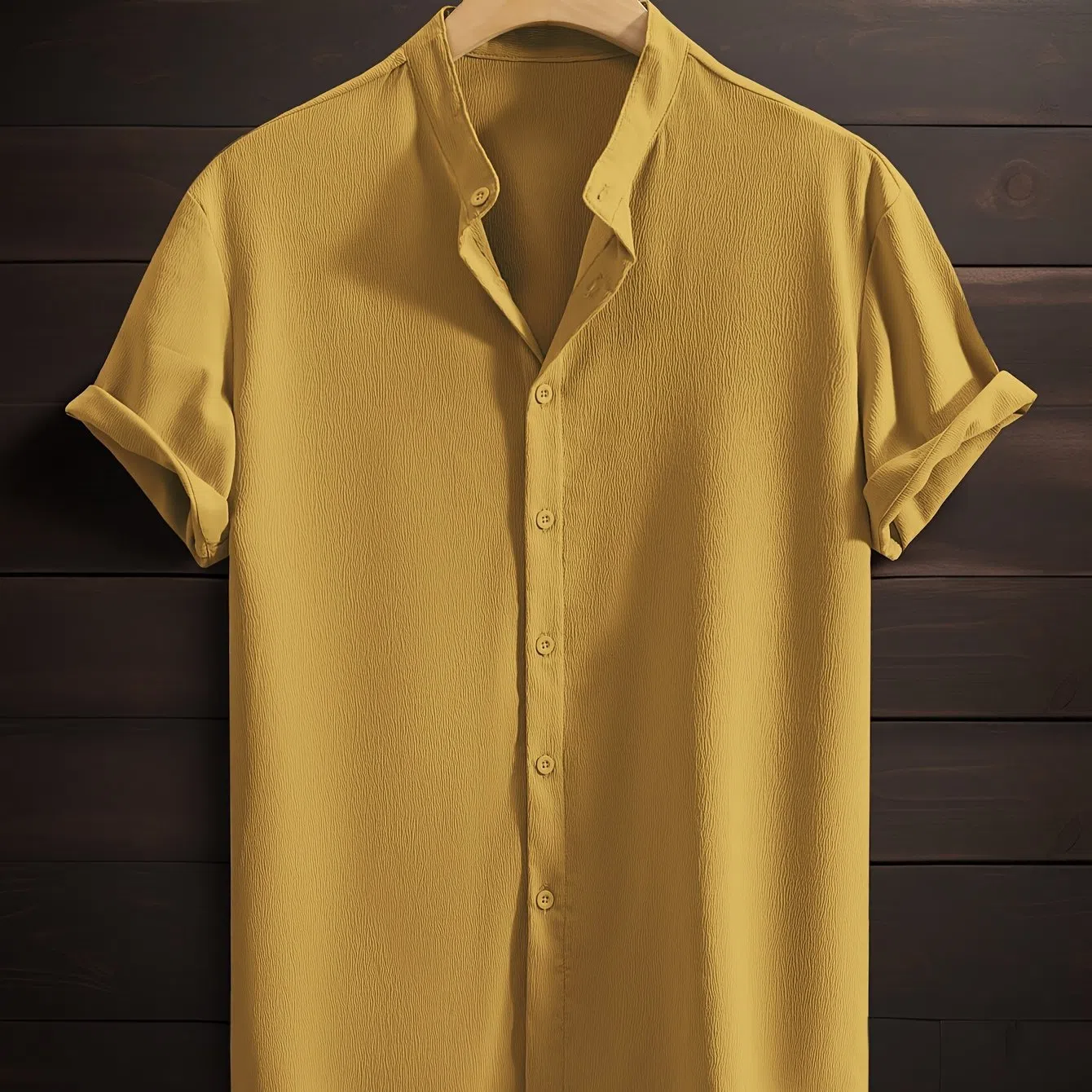 Men's casual breathable polyester stand collar short sleeve shirt in solid colour, loose fit, non-iron
