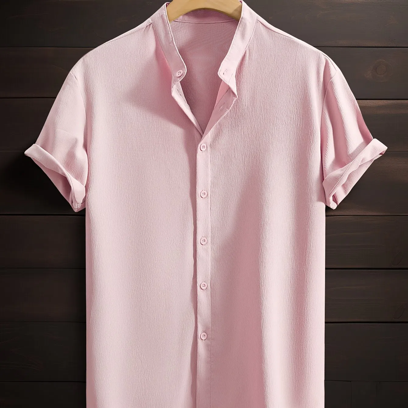 Men's casual breathable polyester stand collar short sleeve shirt in solid colour, loose fit, non-iron