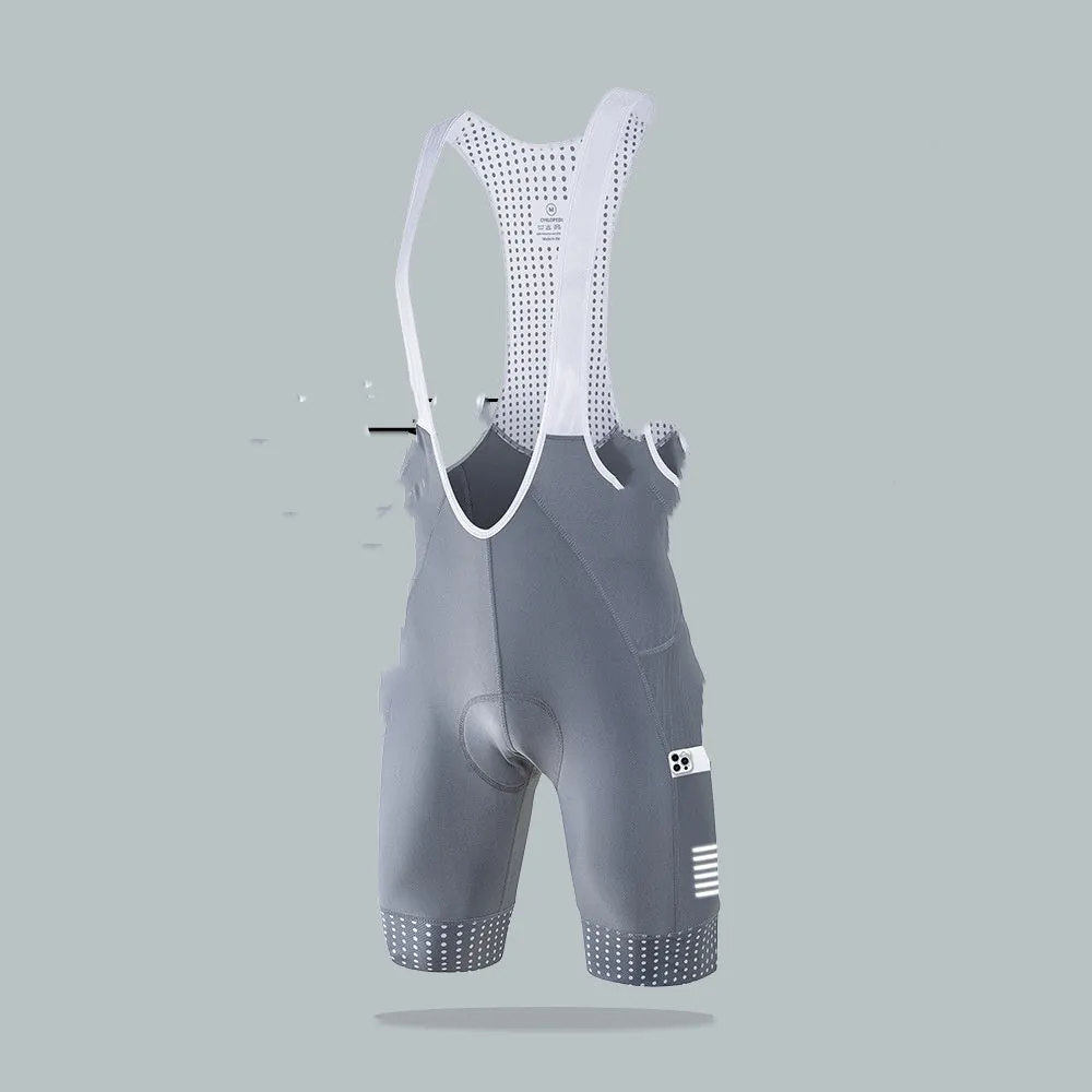 Men's black suspender shorts for road cycling, made from moisture-wicking polyester fabric.