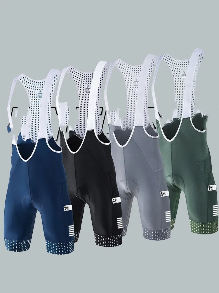 Men's black suspender shorts for road cycling, made from moisture-wicking polyester fabric.