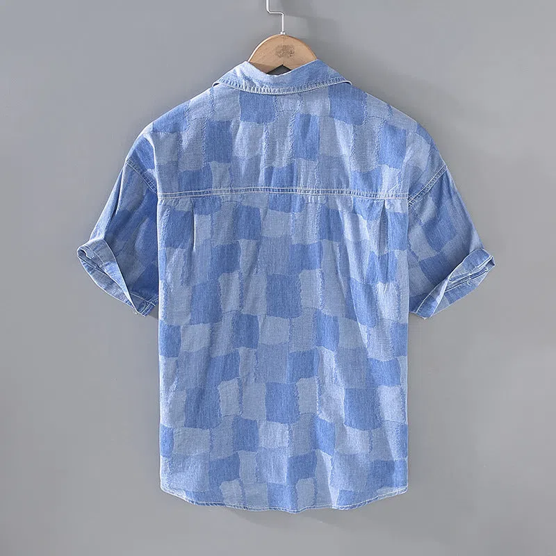 Men's light blue denim print cotton cardigan shirt, short sleeves, loose fit, front view