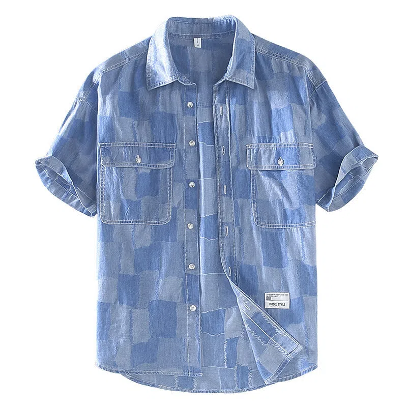 Men's light blue denim print cotton cardigan shirt, short sleeves, loose fit, front view
