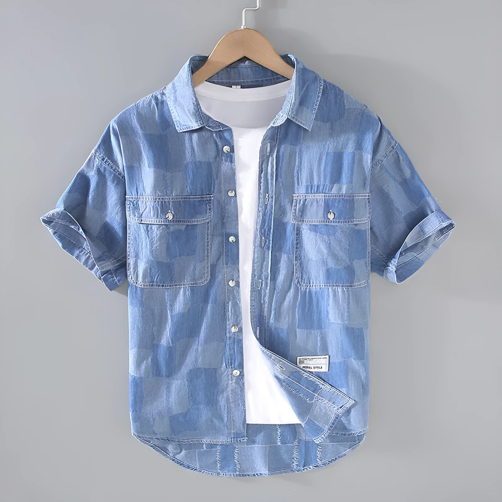 Men's light blue denim print cotton cardigan shirt, short sleeves, loose fit, front view