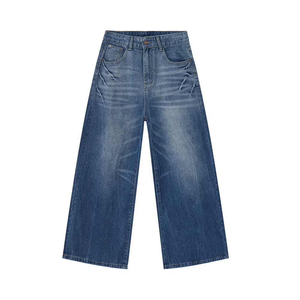 Men's summer loose straight jeans in light blue cotton fabric, full-length trouser style