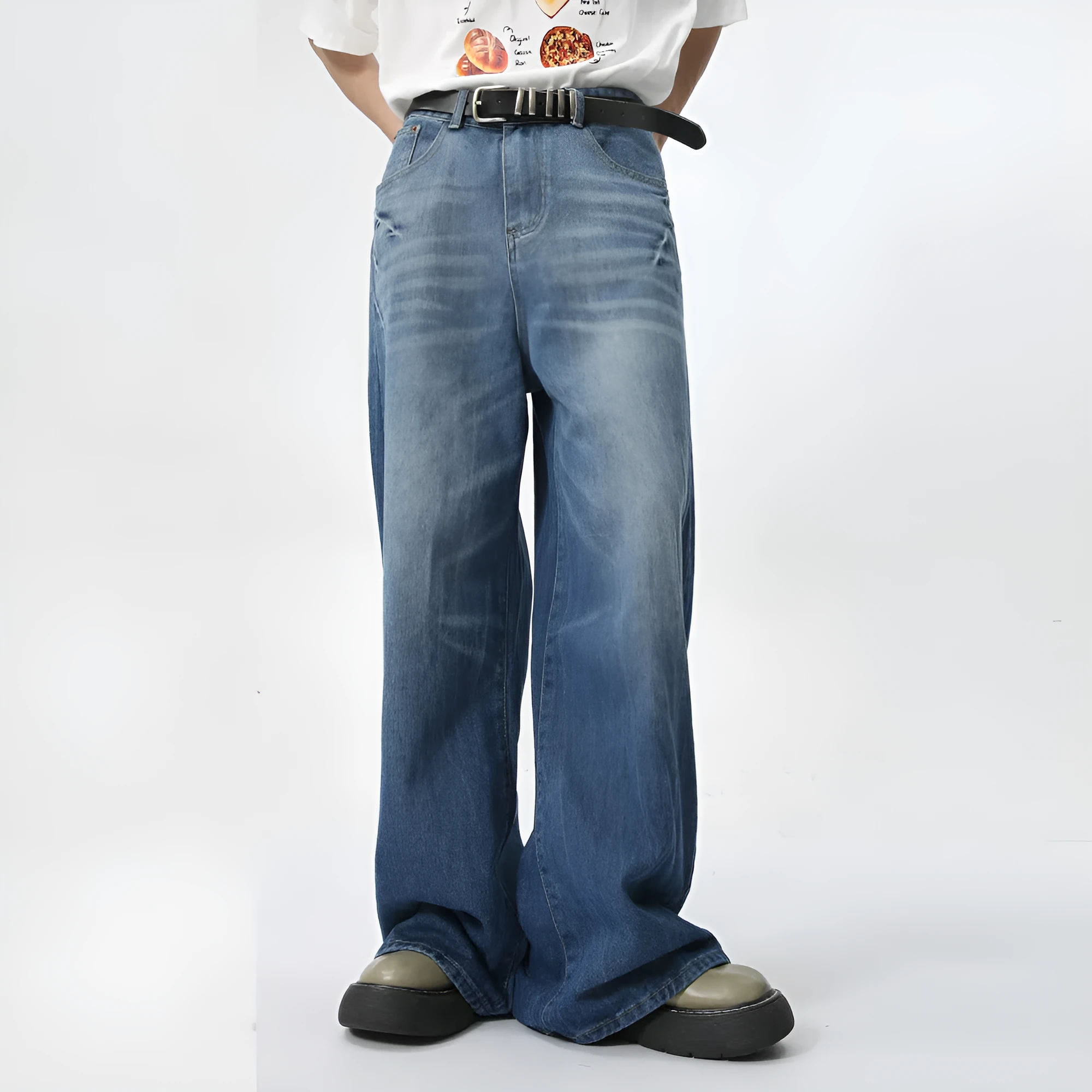 Men's summer loose straight jeans in light blue cotton fabric, full-length trouser style