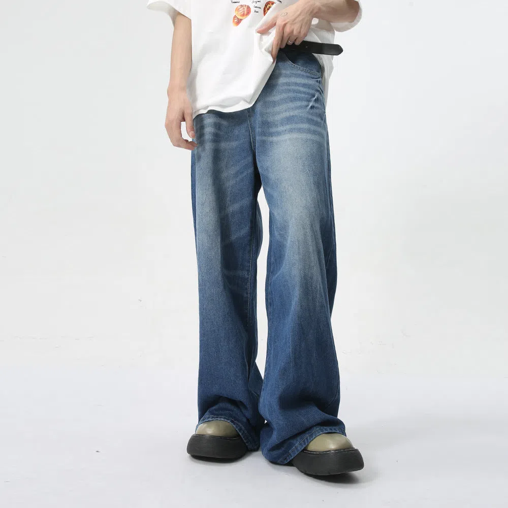 Men's summer loose straight jeans in light blue cotton fabric, full-length trouser style