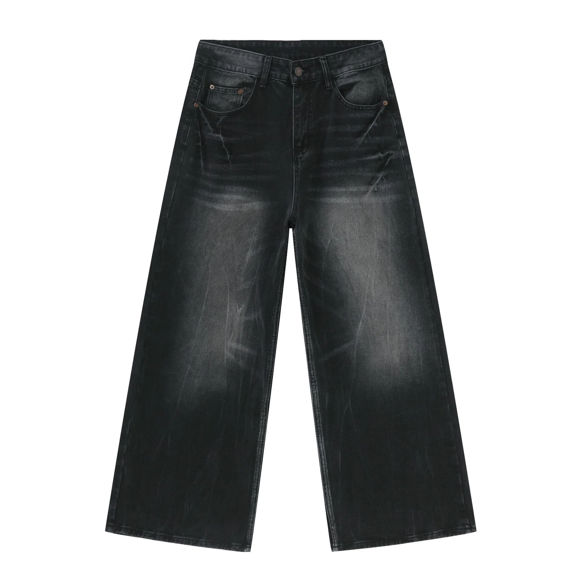 Men's summer loose straight jeans in light blue cotton fabric, full-length trouser style