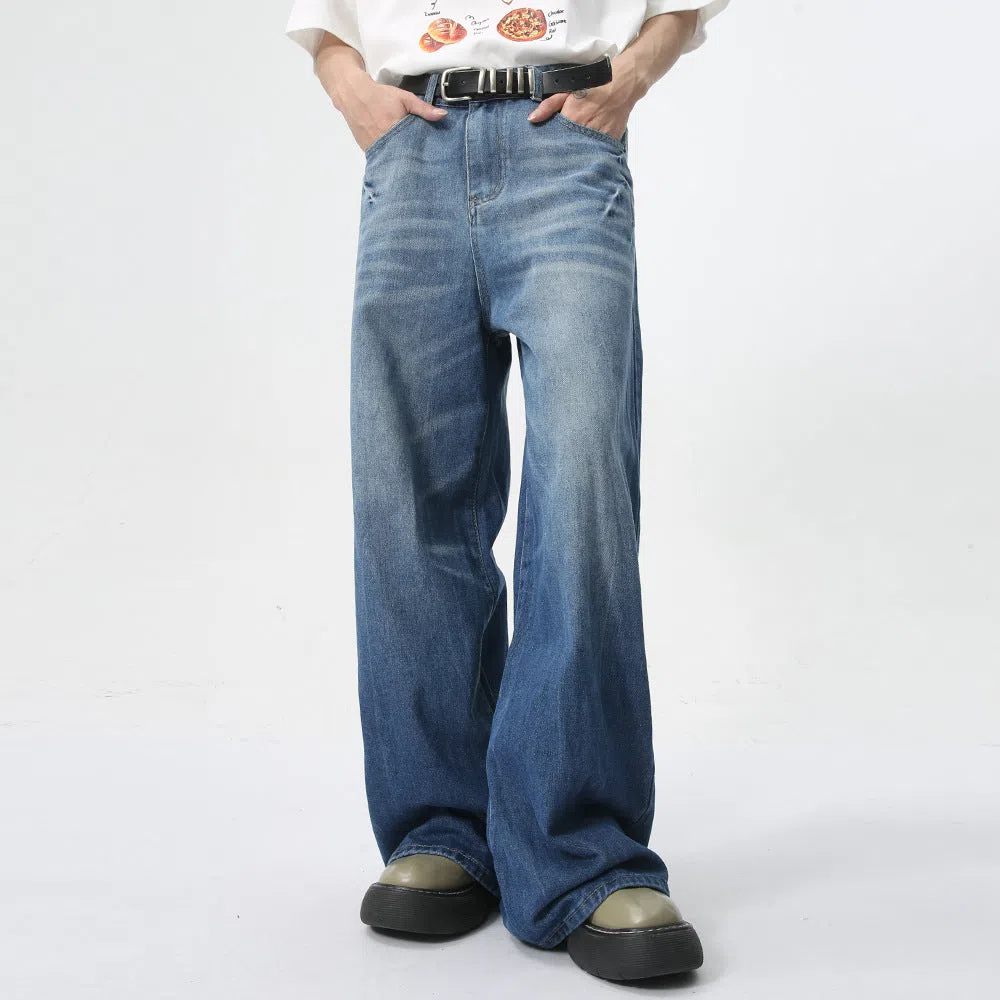 Men's summer loose straight jeans in light blue cotton fabric, full-length trouser style