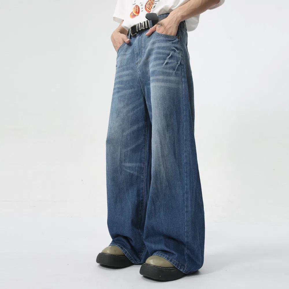 Men's summer loose straight jeans in light blue cotton fabric, full-length trouser style