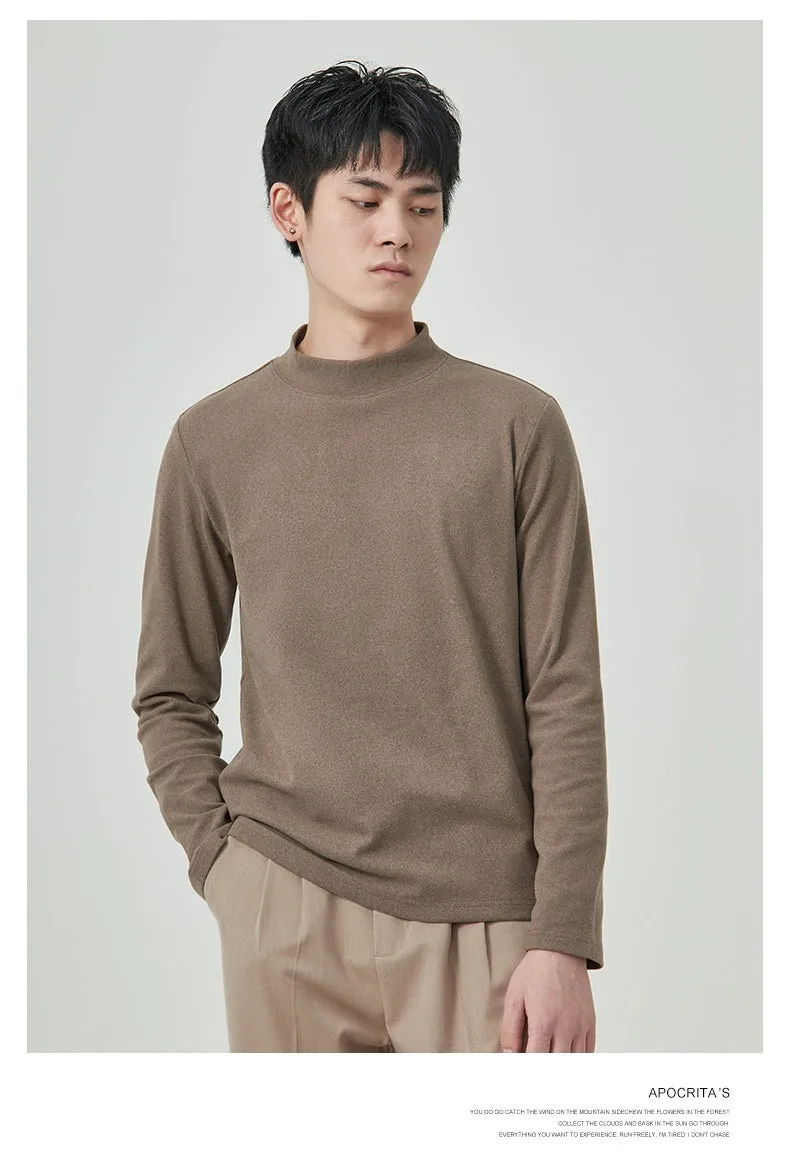 Men's solid colour half-high collar long sleeve t-shirt in Dralon fabric on a hanger.