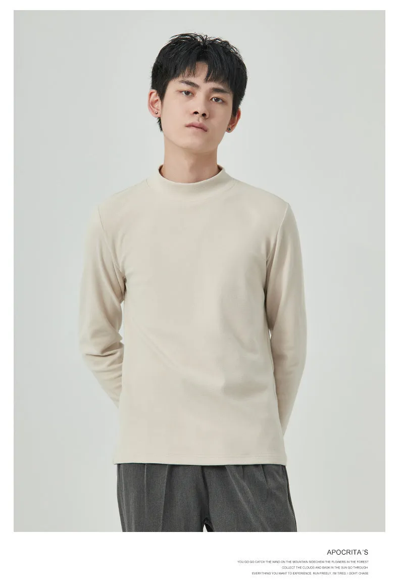 Men's solid colour half-high collar long sleeve t-shirt in Dralon fabric on a hanger.