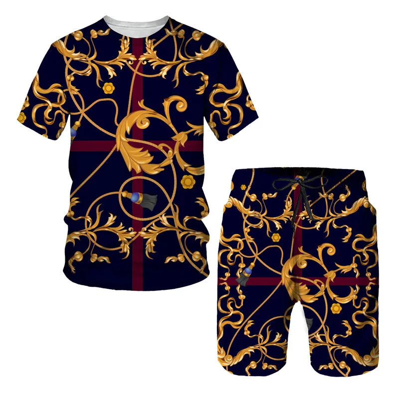 Men's chain pattern digital print short sleeve T-shirt and shorts set in summer colours