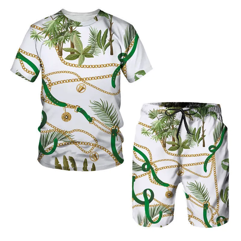 Men's chain pattern digital print short sleeve T-shirt and shorts set in summer colours