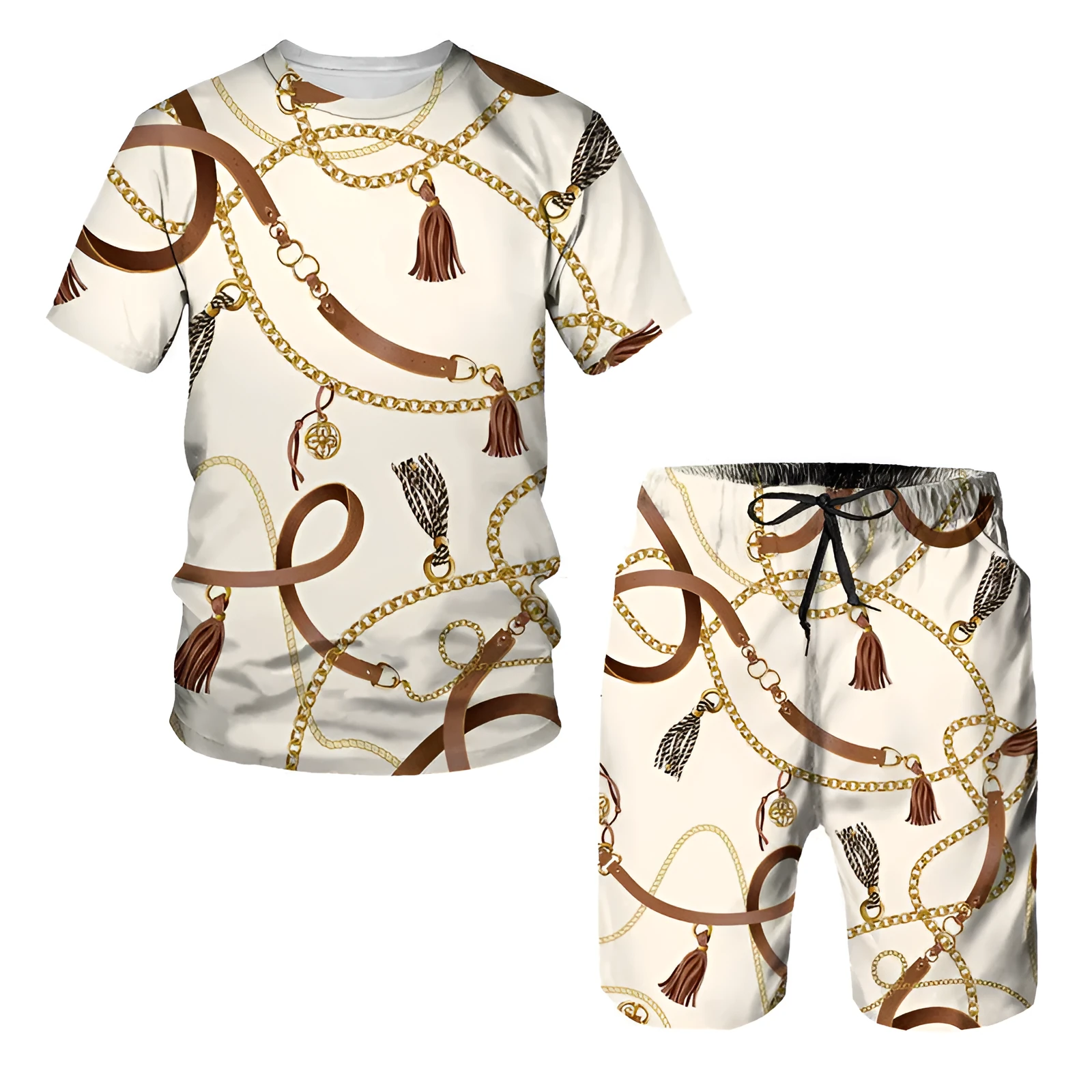 Men's chain pattern digital print short sleeve T-shirt and shorts set in summer colours