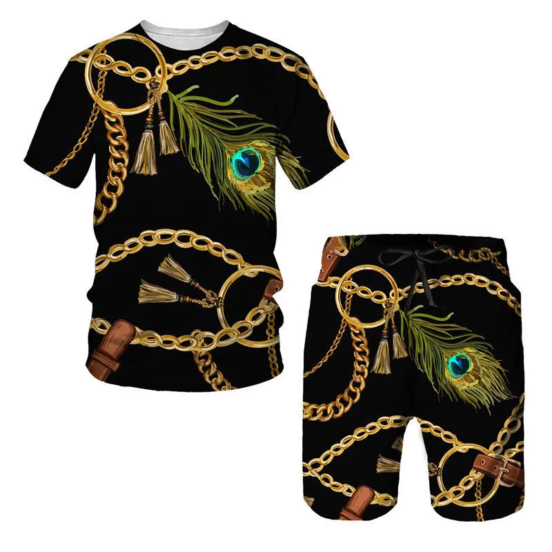 Men's chain pattern digital print short sleeve T-shirt and shorts set in summer colours