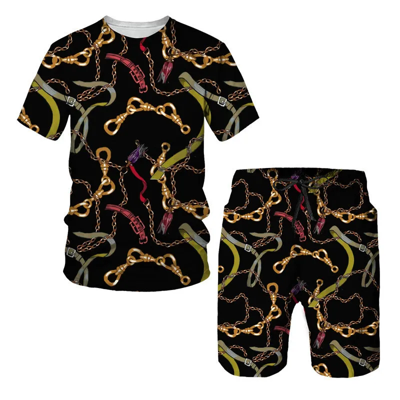 Men's chain pattern digital print short sleeve T-shirt and shorts set in summer colours