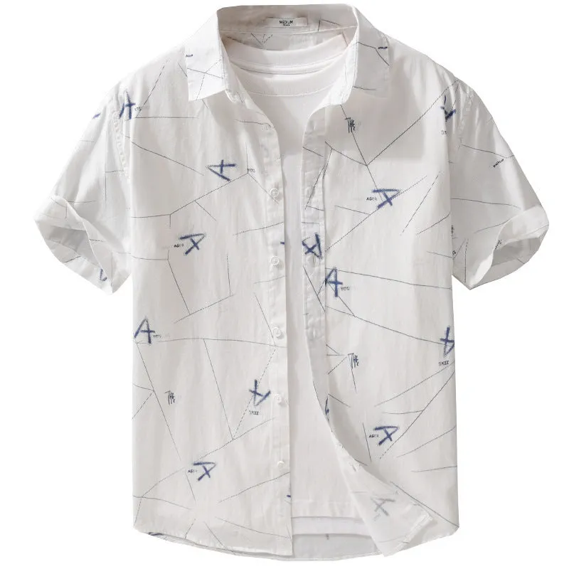 Men's pure cotton short sleeve shirt with letter print in loose cardigan style