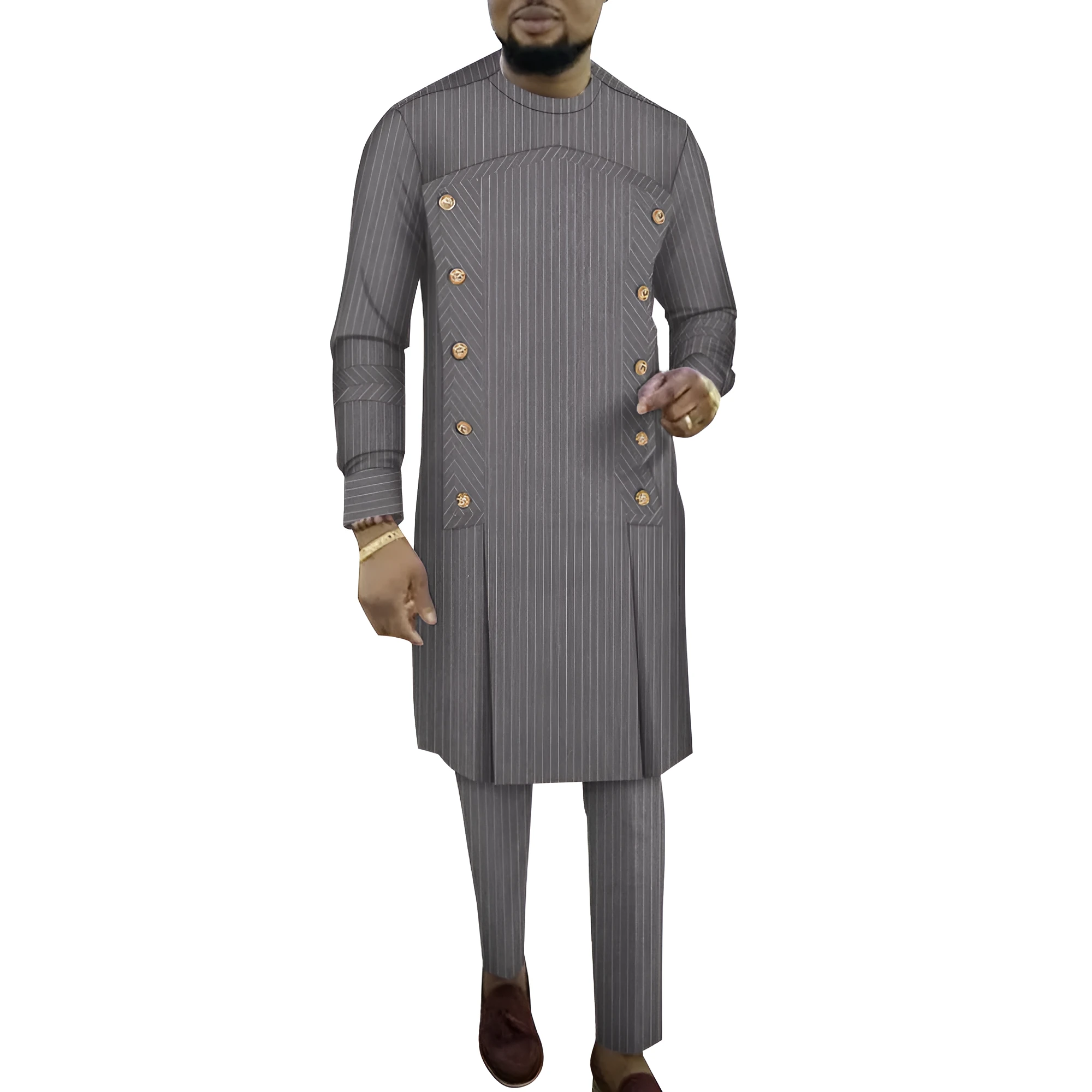 African men's striped robe two-piece set with long sleeve top and matching trousers in cotton fabric