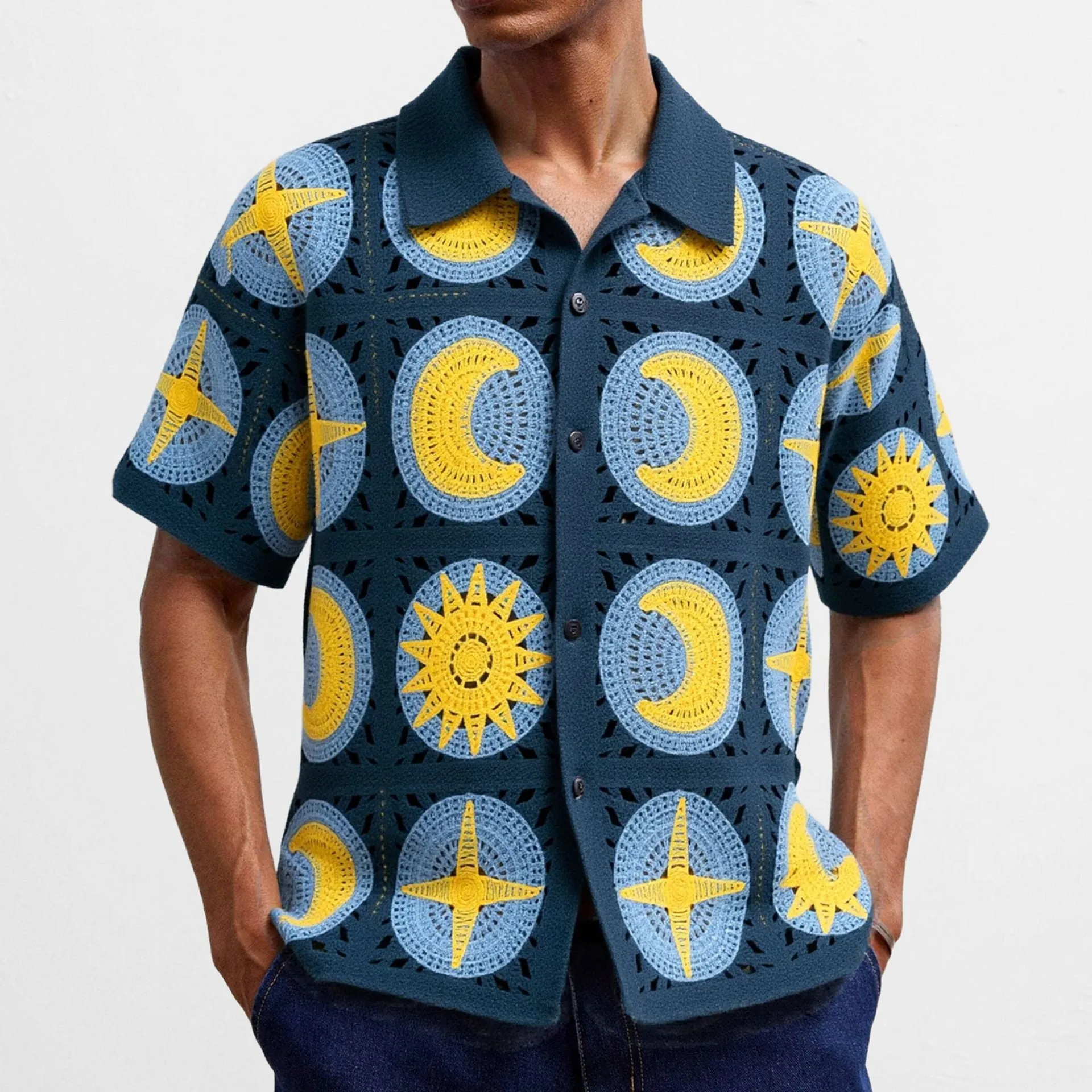 Men's navy blue short-sleeved cardigan with flocked cartoon pattern, thin acrylic summer knitwear