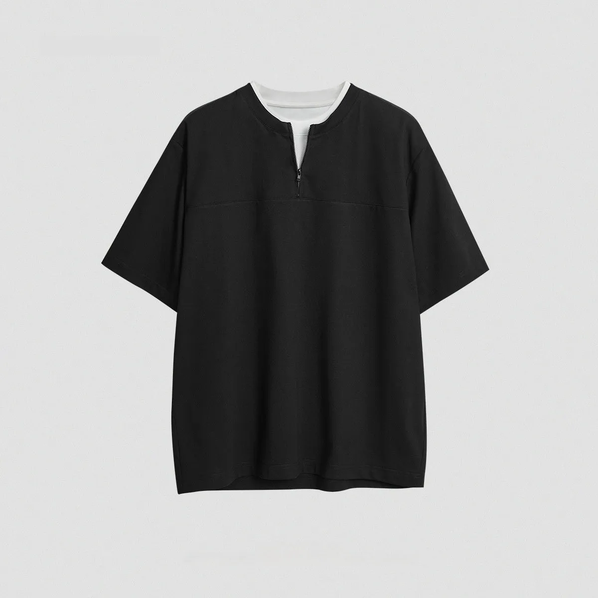 Women's loose patchwork top in solid colour with zip false two-piece design
