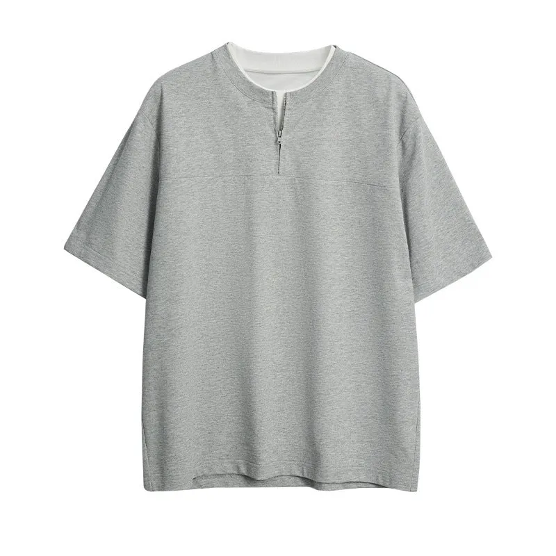 Women's loose patchwork top in solid colour with zip false two-piece design