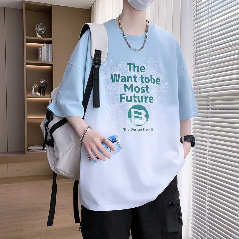 Boys youth printed t-shirt with text design in dark blue, cotton-polyester fabric, drop-shoulder sleeves