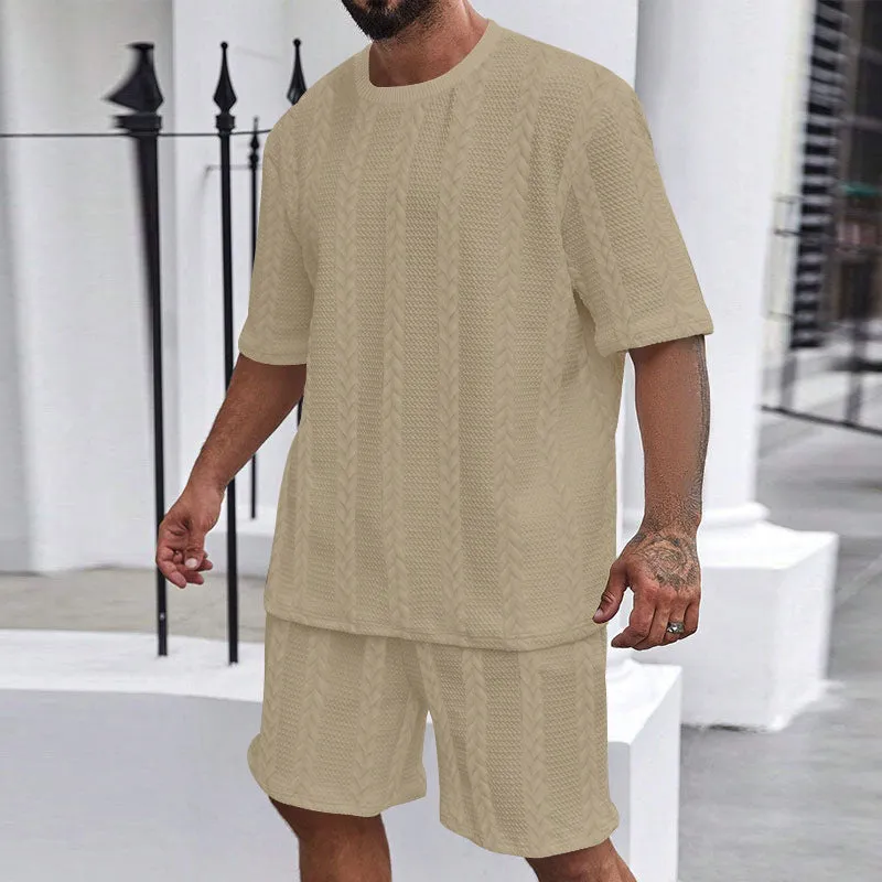 Knitted solid colour Jacquard short sleeve pullover top and matching shorts casual summer set.