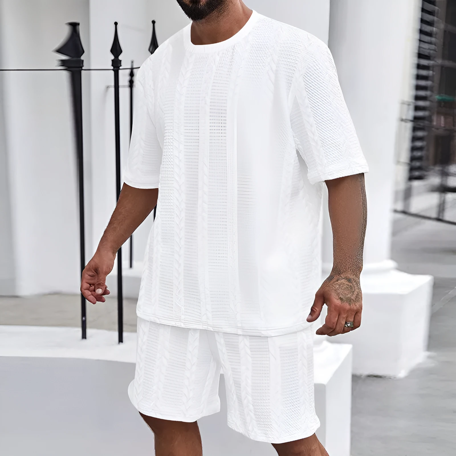 Knitted solid colour Jacquard short sleeve pullover top and matching shorts casual summer set.