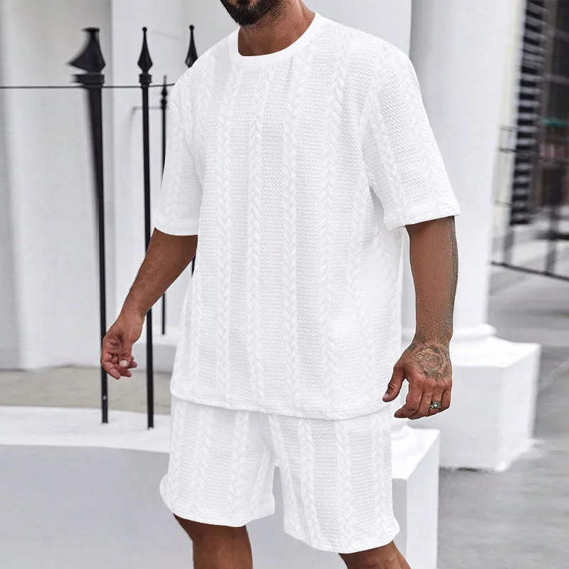 Knitted solid colour Jacquard short sleeve pullover top and matching shorts casual summer set.