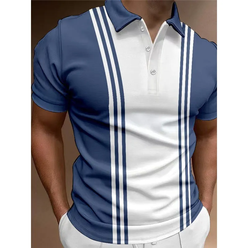Men's loose fit casual t-shirt with three-button lapel on chest in blue colour