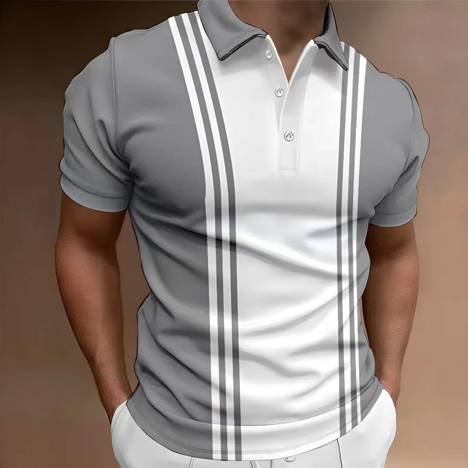 Men's loose fit casual t-shirt with three-button lapel on chest in blue colour