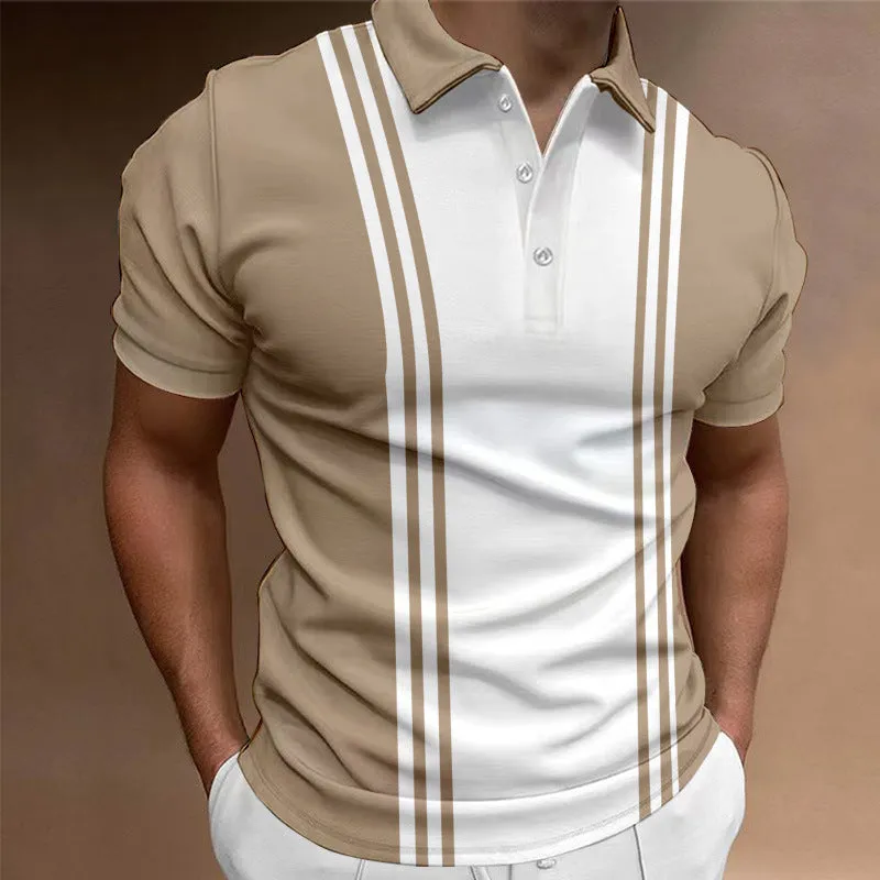 Men's loose fit casual t-shirt with three-button lapel on chest in blue colour