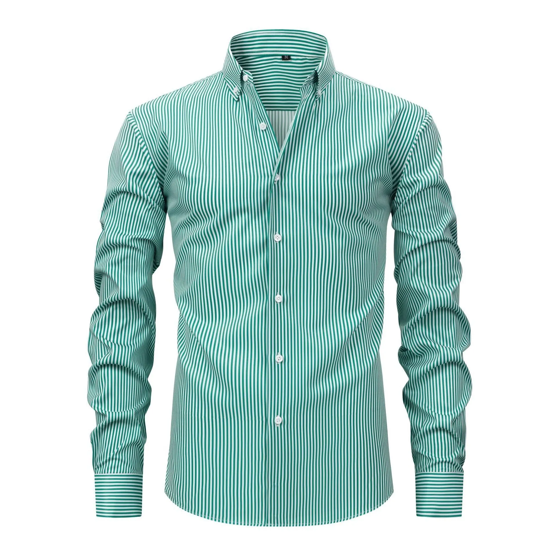 Man wearing a striped long-sleeved non-iron business casual shirt with a lapel collar.