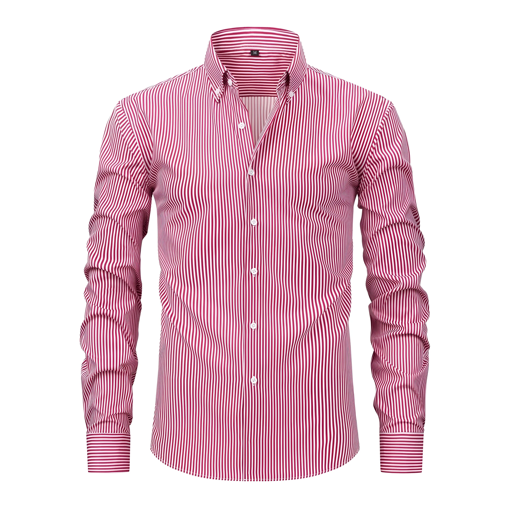 Man wearing a striped long-sleeved non-iron business casual shirt with a lapel collar.