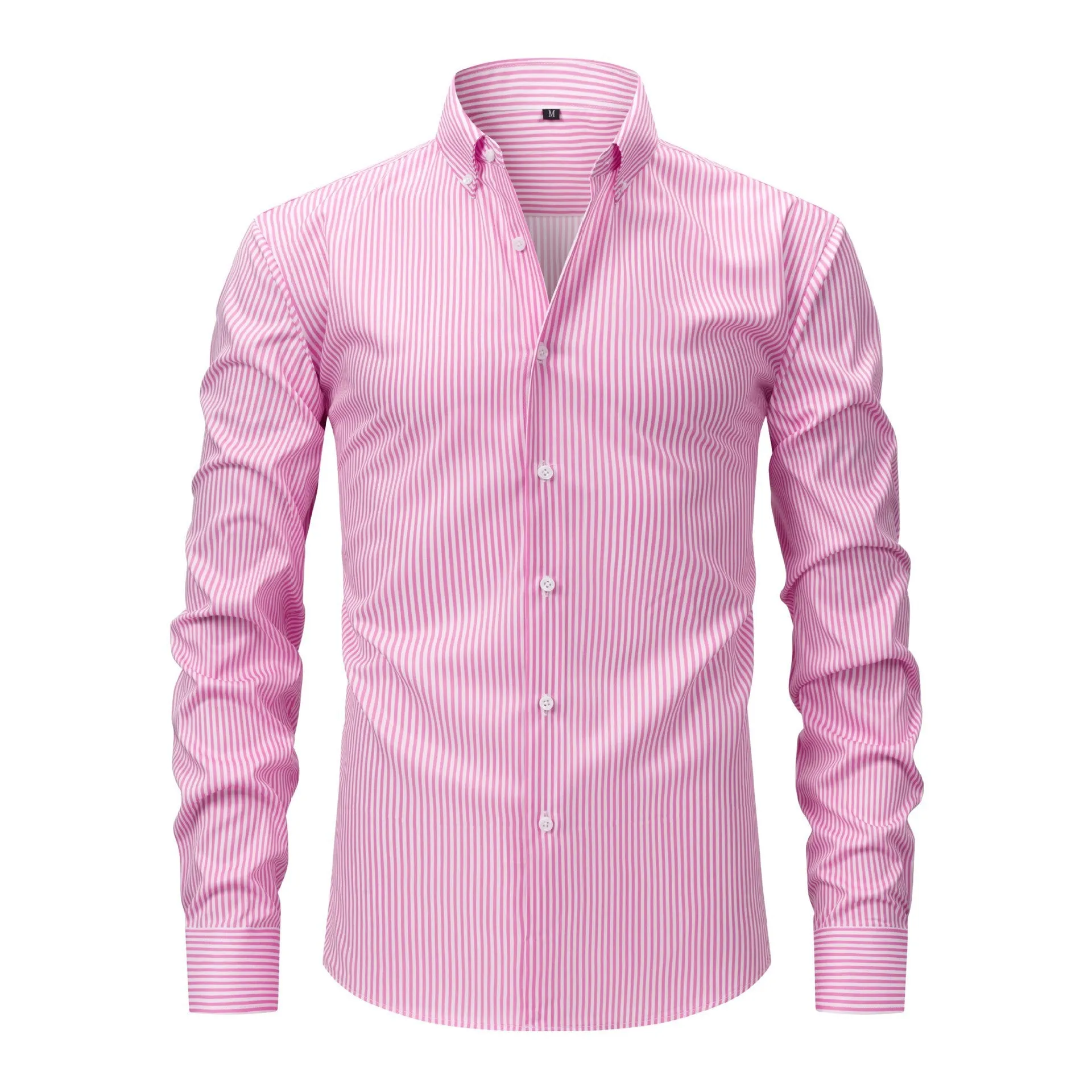 Man wearing a striped long-sleeved non-iron business casual shirt with a lapel collar.