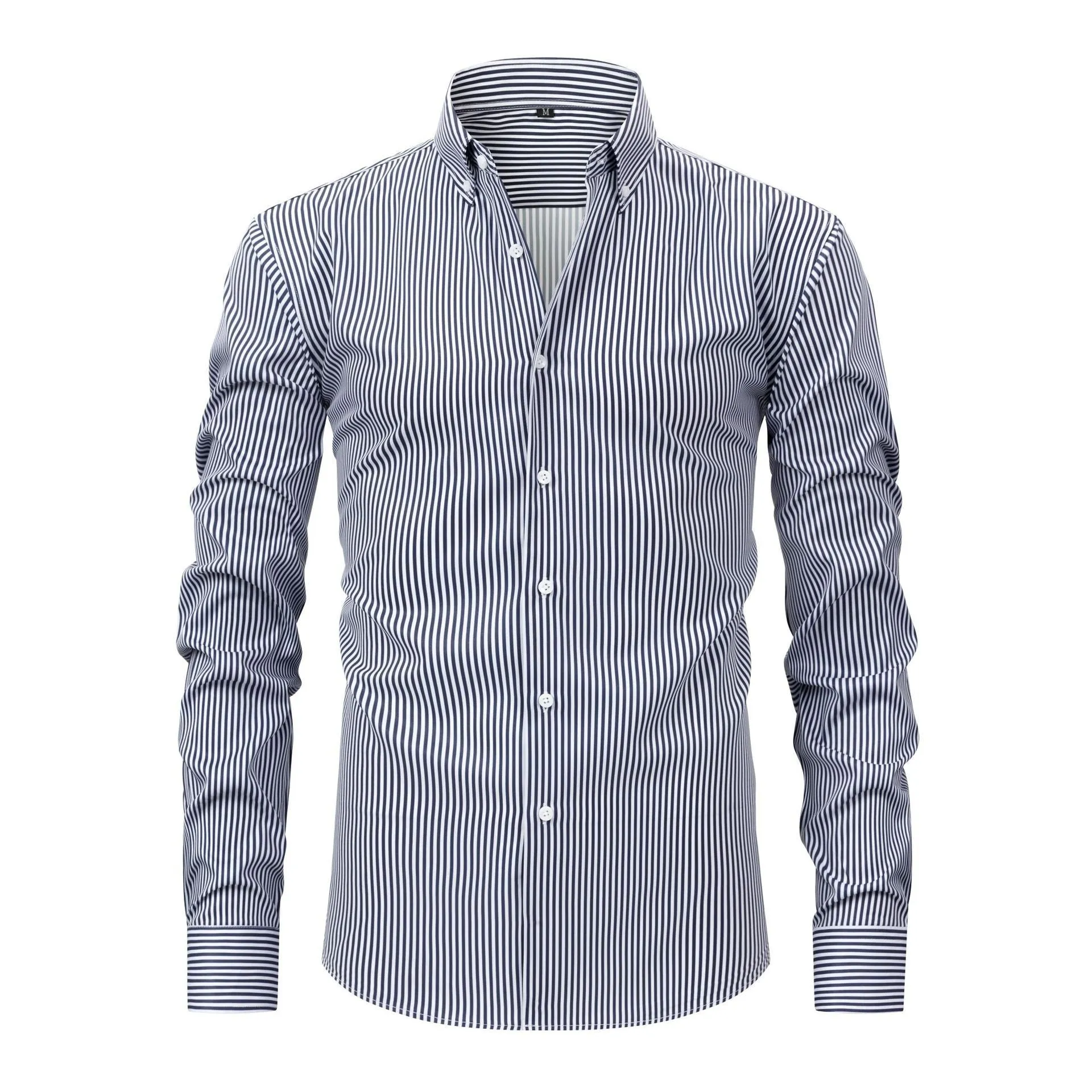 Man wearing a striped long-sleeved non-iron business casual shirt with a lapel collar.