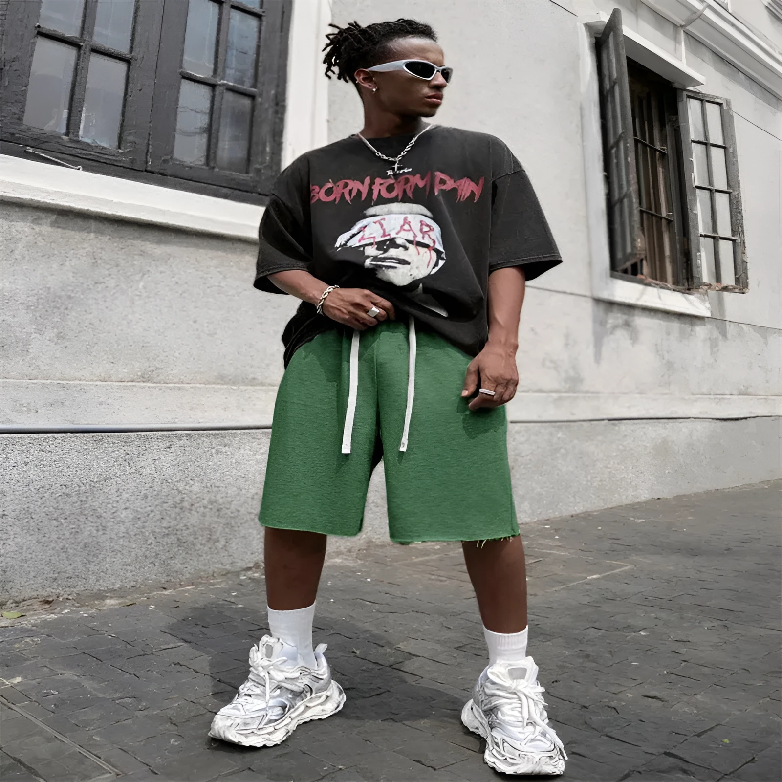 Men's straight leg hip-hop trousers in medium length, available in black, light grey, and green colours