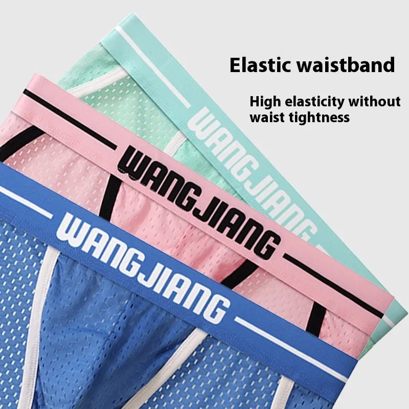 Men's black Ice Silk triangle briefs with mesh breathable fabric on a solid background.