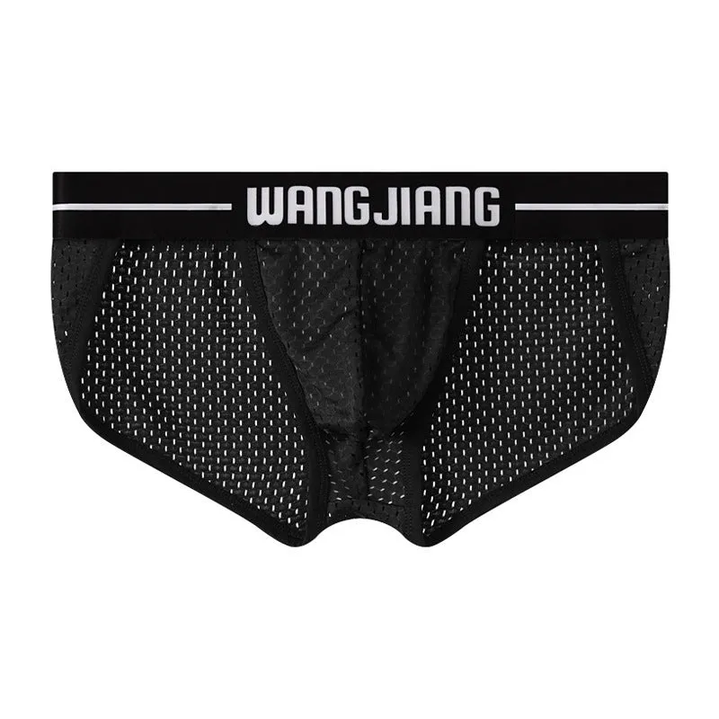 Men's black Ice Silk triangle briefs with mesh breathable fabric on a solid background.