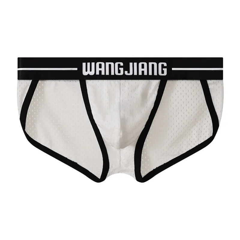 Men's black Ice Silk triangle briefs with mesh breathable fabric on a solid background.