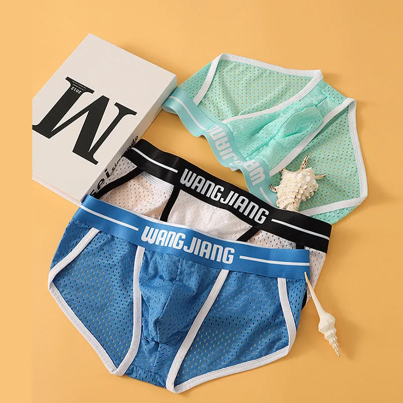 Men's black Ice Silk triangle briefs with mesh breathable fabric on a solid background.