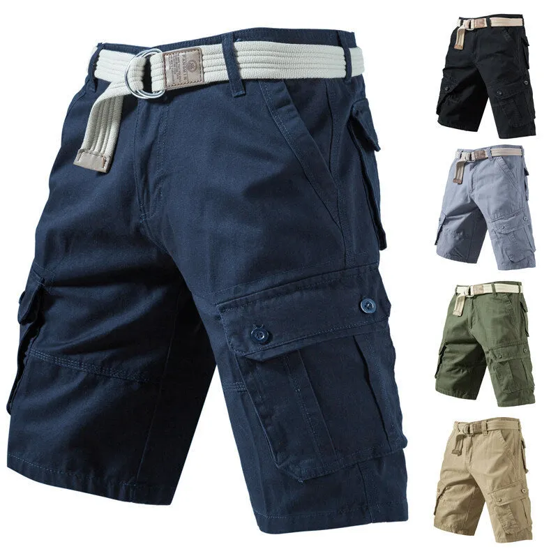 Men's loose fit cargo shorts in a cotton polyester blend, shown in army green colour with multiple pockets.