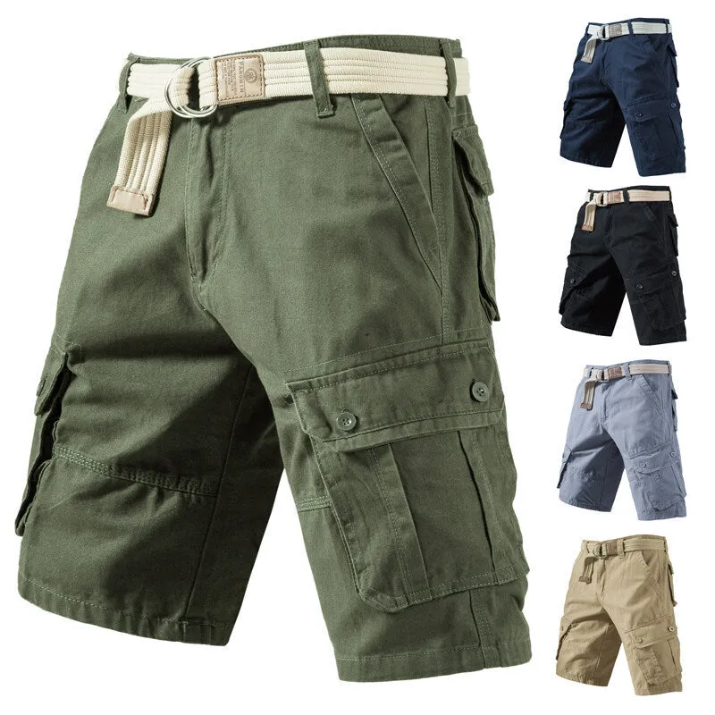 Men's loose fit cargo shorts in a cotton polyester blend, shown in army green colour with multiple pockets.