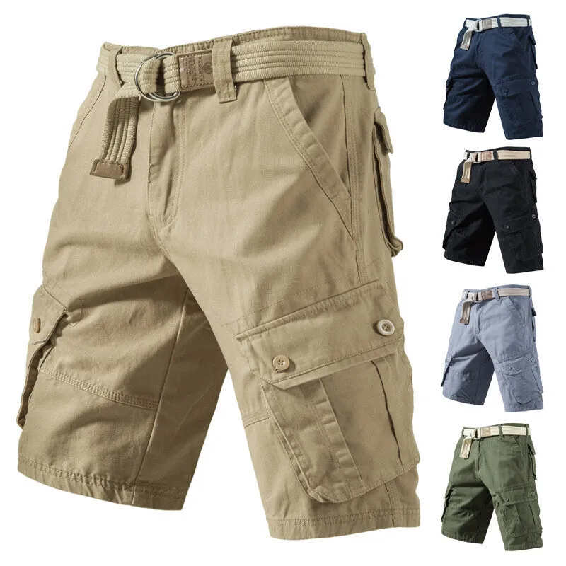Men's loose fit cargo shorts in a cotton polyester blend, shown in army green colour with multiple pockets.