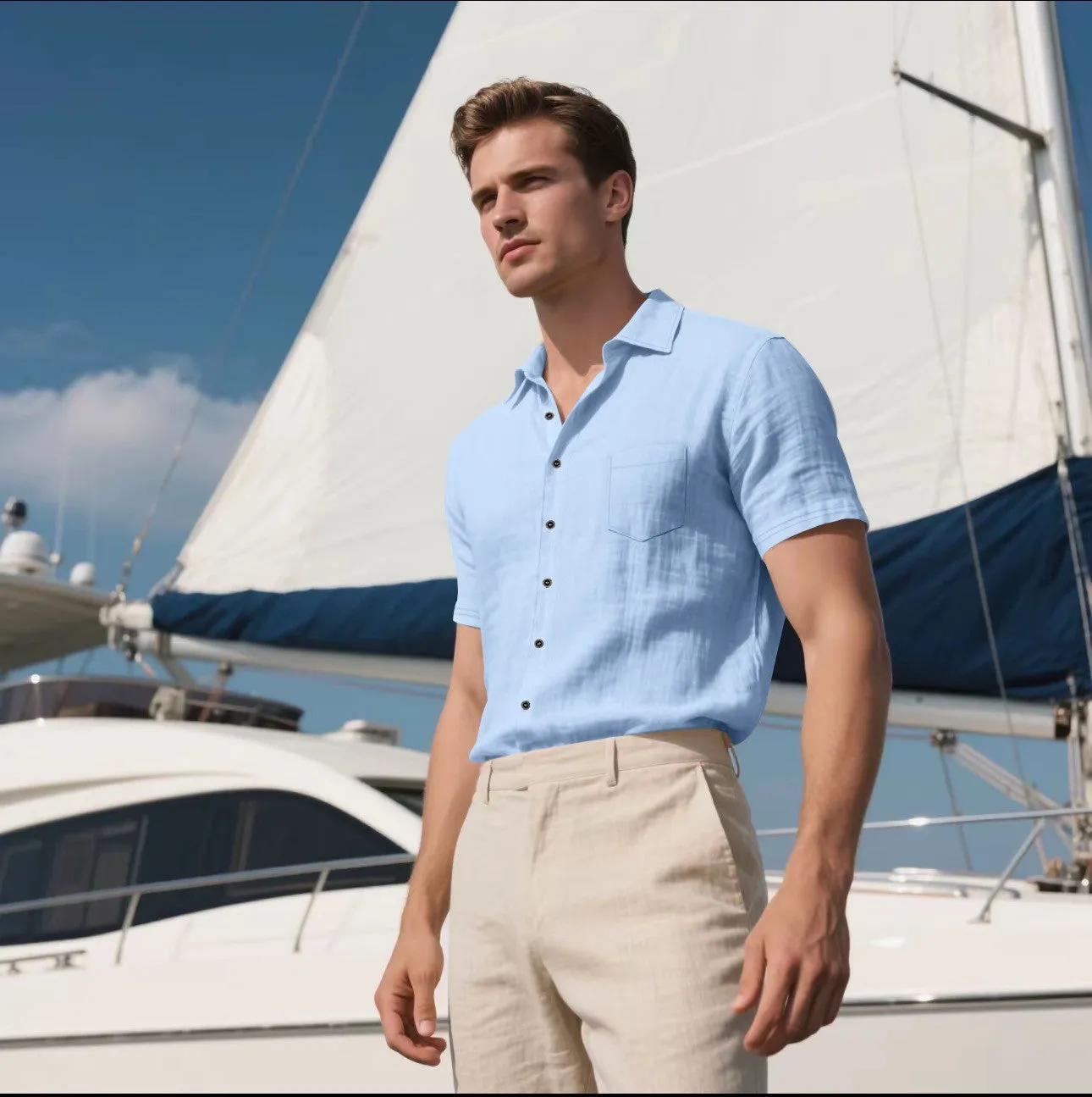 Men's loose-fit linen short-sleeved shirt in cotton blend fabric, cardigan style, solid colour options