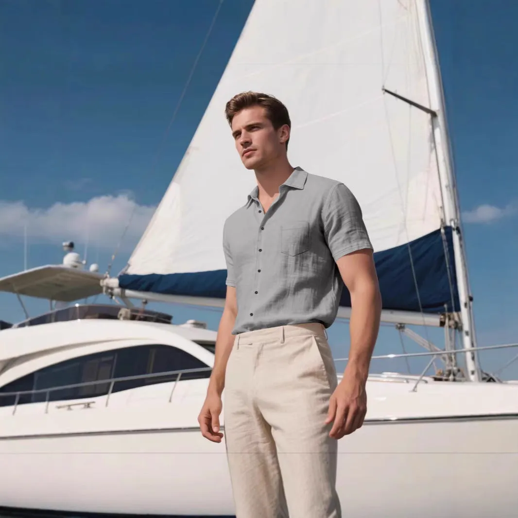 Men's loose-fit linen short-sleeved shirt in cotton blend fabric, cardigan style, solid colour options