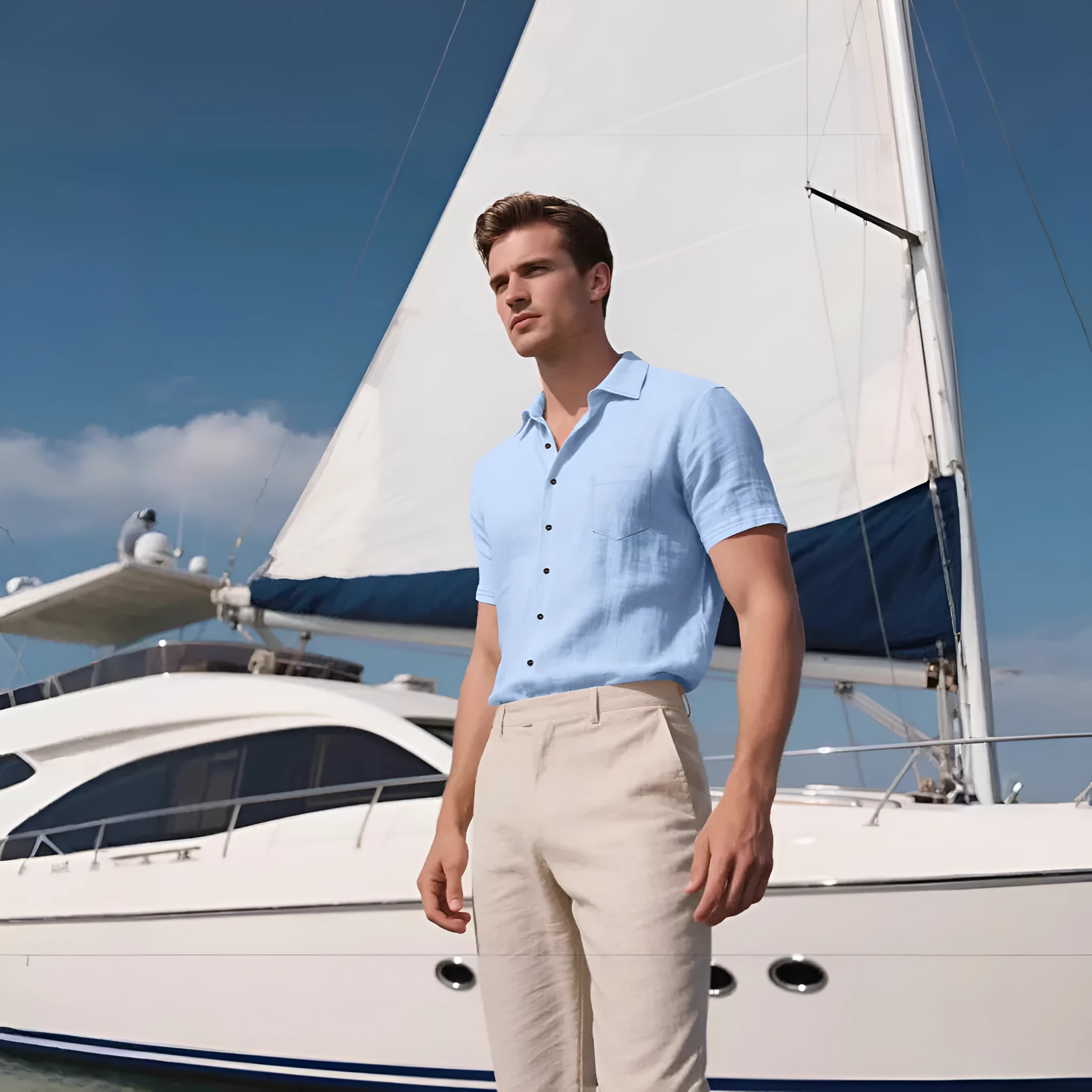 Men's loose-fit linen short-sleeved shirt in cotton blend fabric, cardigan style, solid colour options