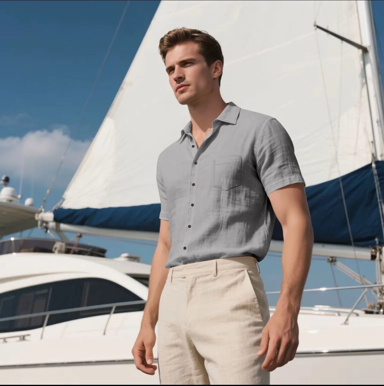 Men's loose-fit linen short-sleeved shirt in cotton blend fabric, cardigan style, solid colour options