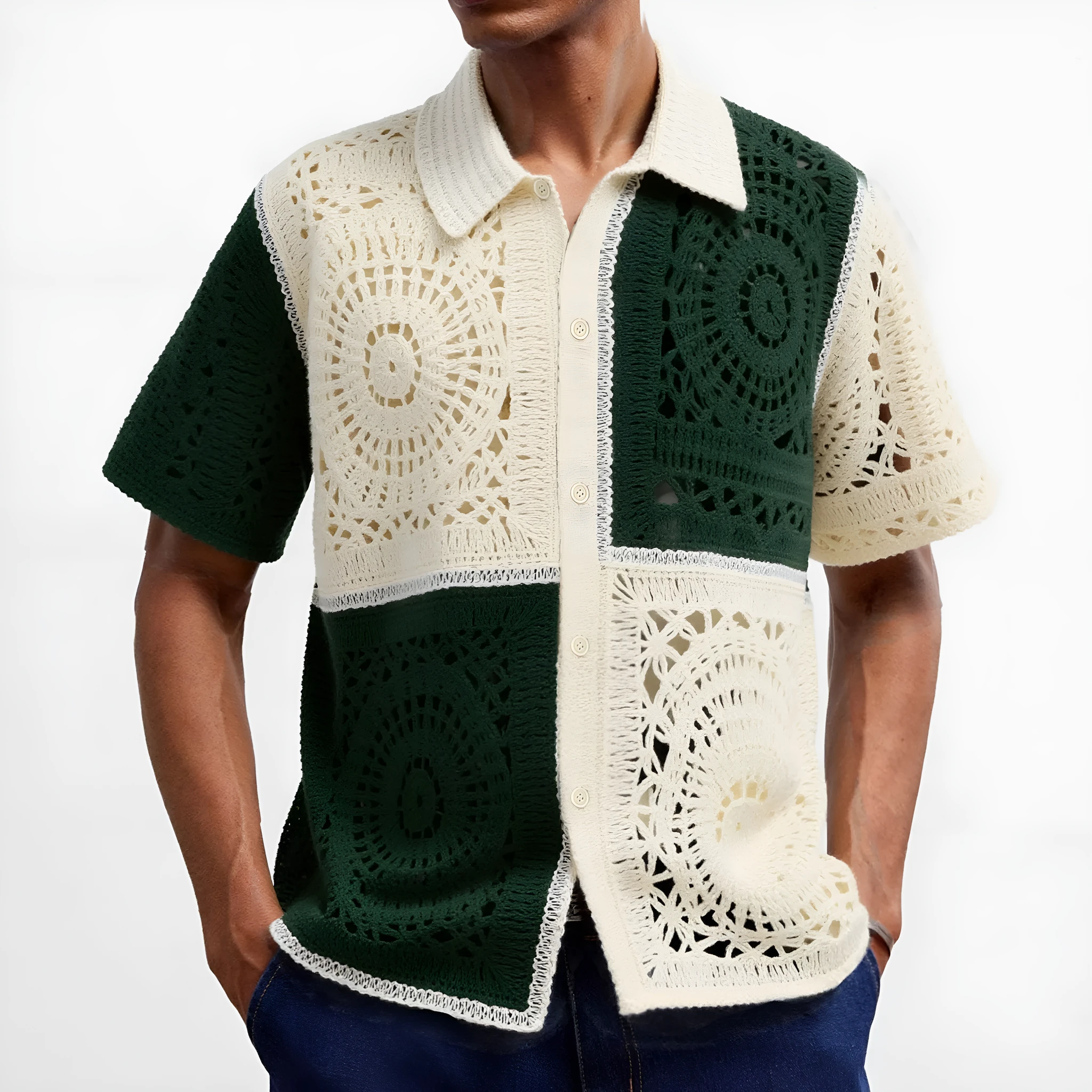 Men's beige colourblock short sleeve acrylic knit shirt with flocking detail on a hanger