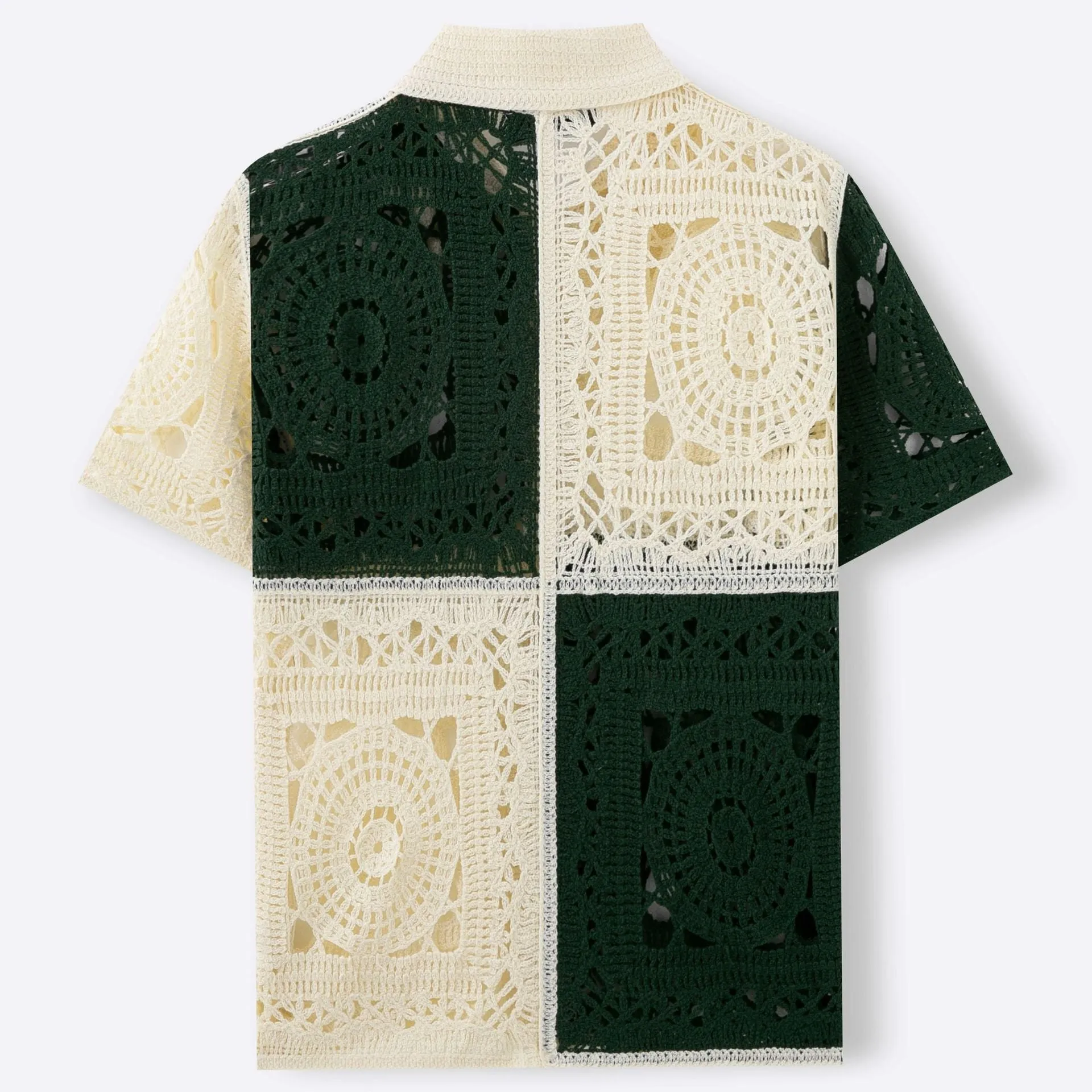 Men's beige colourblock short sleeve acrylic knit shirt with flocking detail on a hanger